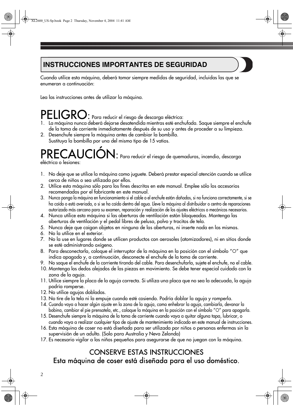 Peligro, Precaución, Instrucciones importantes de seguridad | Brother XL 2600i User Manual | Page 3 / 82