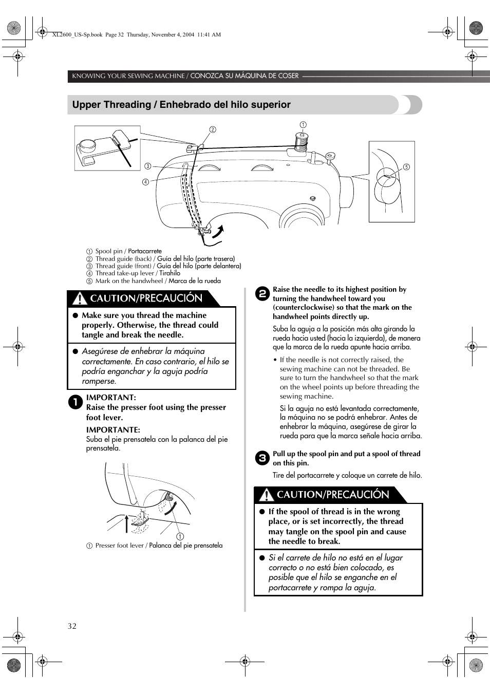 Upper threading / enhebrado del hilo superior, Caution/ precaución | Brother XL 2600i User Manual | Page 33 / 82