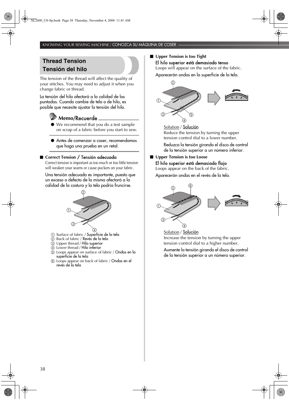 Thread tension tensión del hilo | Brother XL 2600i User Manual | Page 39 / 82