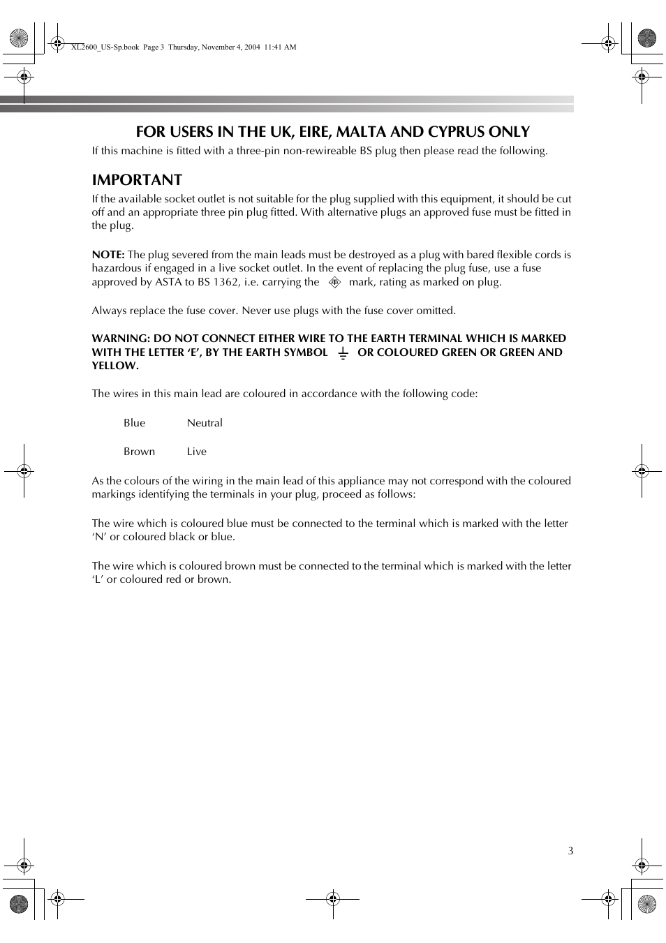 For users in the uk, eire, malta and cyprus only, Important | Brother XL 2600i User Manual | Page 4 / 82