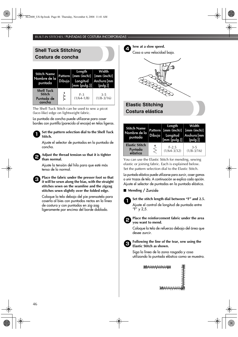 Shell tuck stitching costura de concha, Elastic stitching costura elástica | Brother XL 2600i User Manual | Page 47 / 82