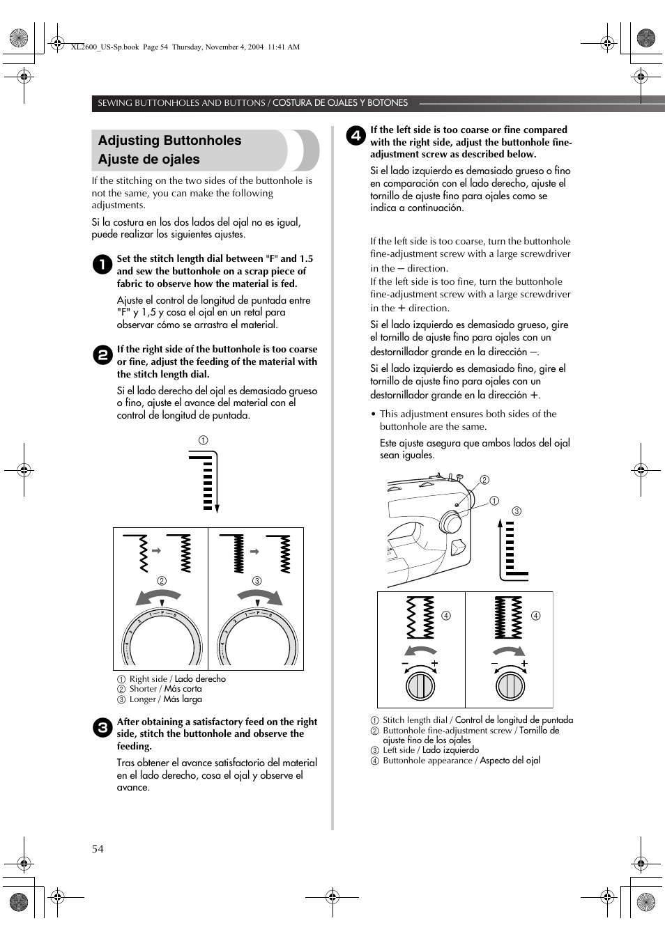 Adjusting buttonholes ajuste de ojales | Brother XL 2600i User Manual | Page 55 / 82