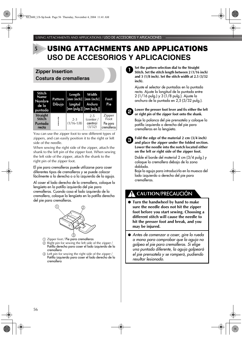 Zipper insertion costura de cremalleras, Caution/ precaución | Brother XL 2600i User Manual | Page 57 / 82