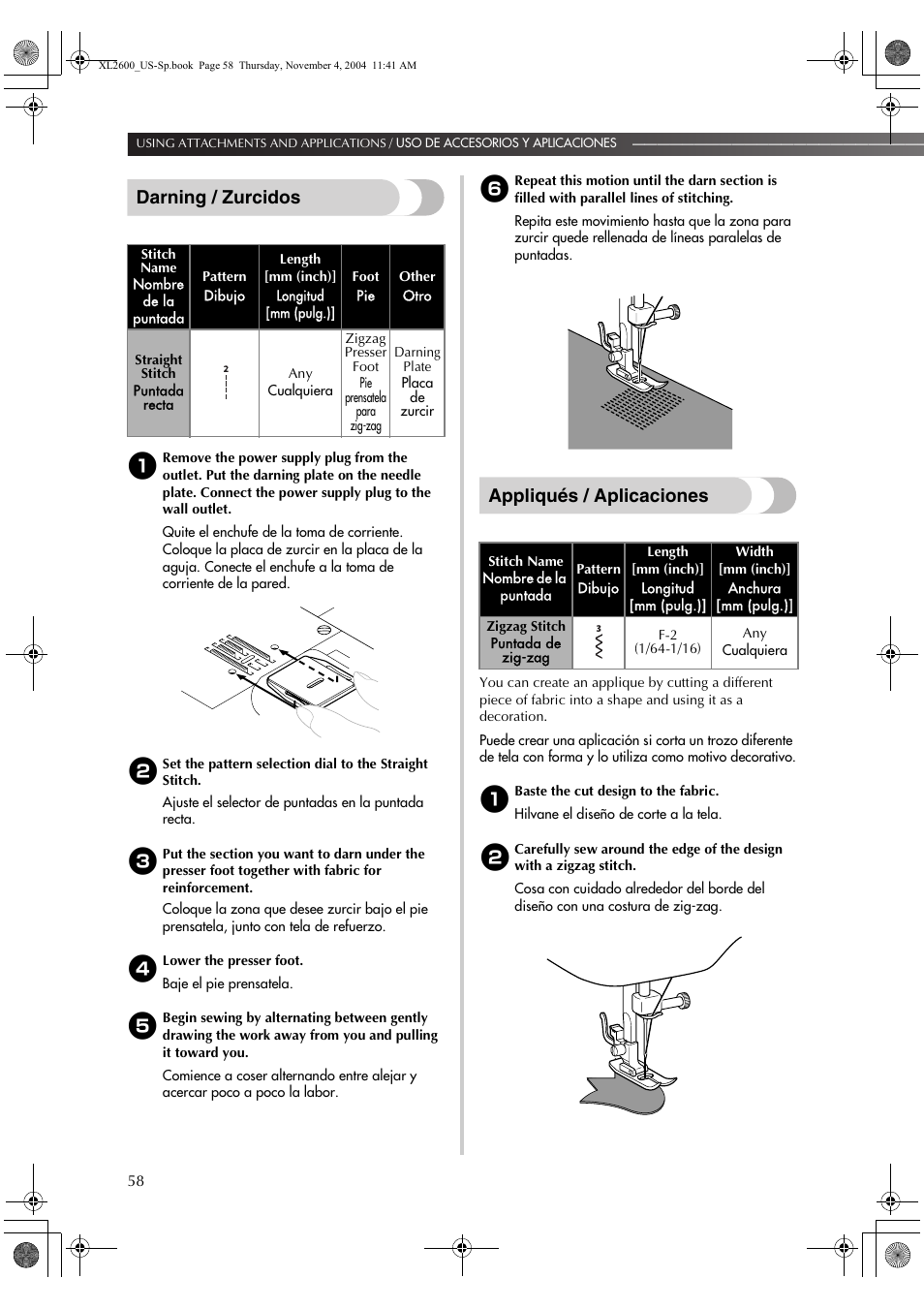 Darning / zurcidos, Appliqués / aplicaciones | Brother XL 2600i User Manual | Page 59 / 82