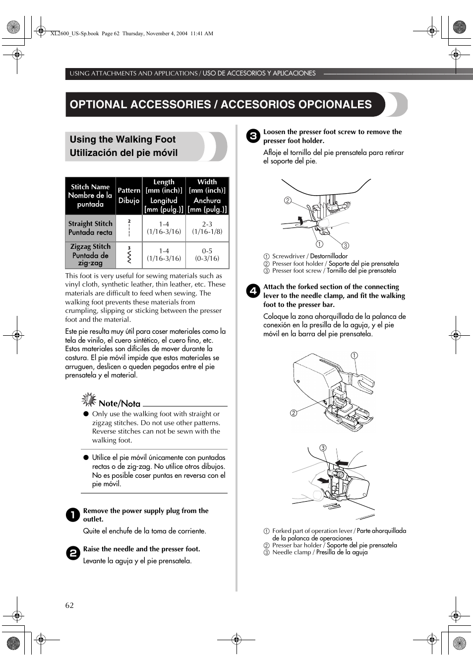 Optional accessories / accesorios opcionales, Using the walking foot utilización del pie móvil | Brother XL 2600i User Manual | Page 63 / 82