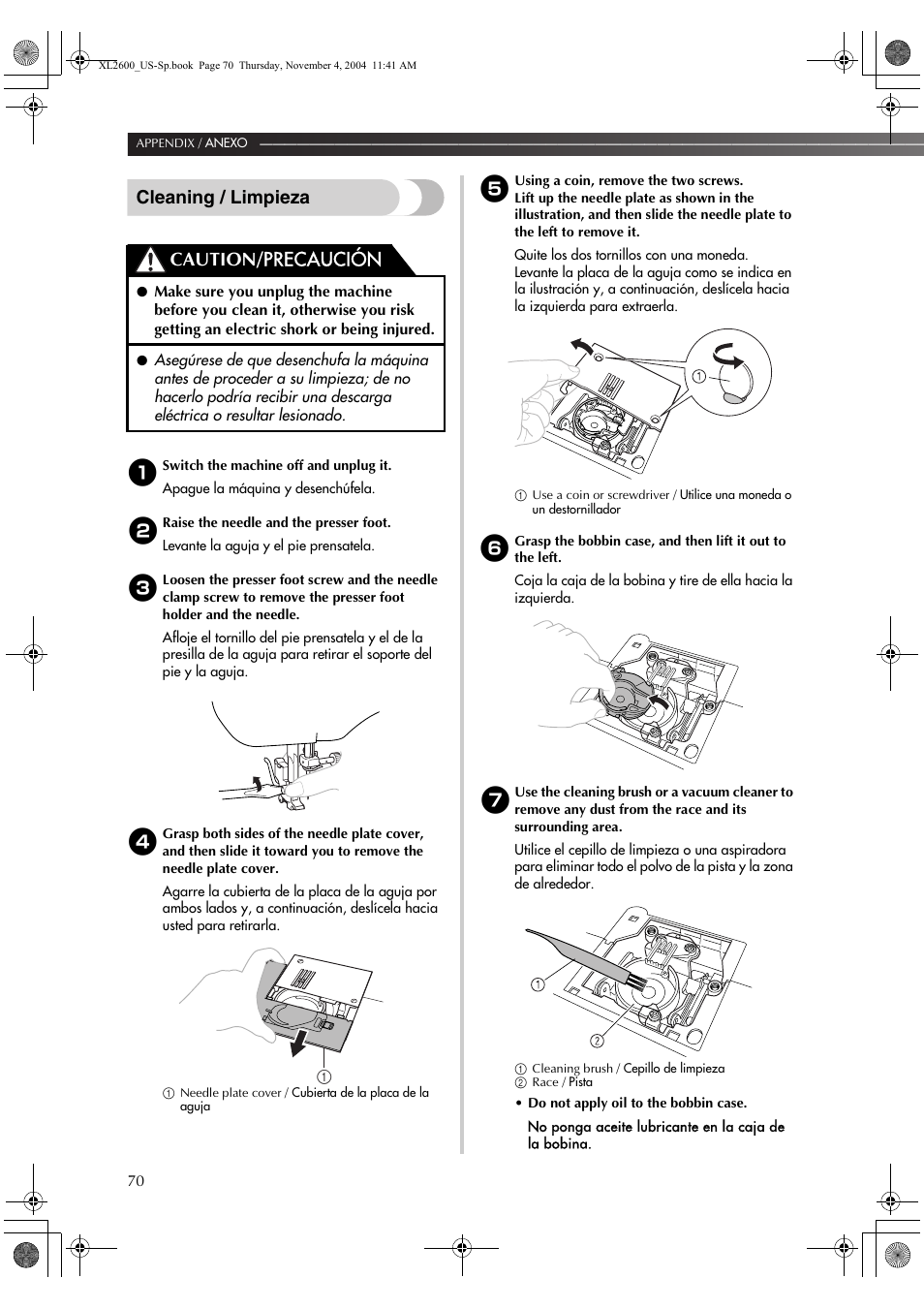 Cleaning / limpieza, Caution/ precaución | Brother XL 2600i User Manual | Page 71 / 82