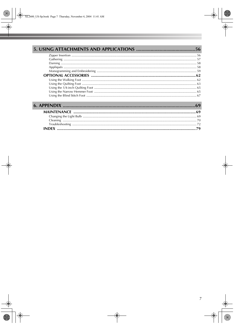 Using attachments and applications, Appendix | Brother XL 2600i User Manual | Page 8 / 82