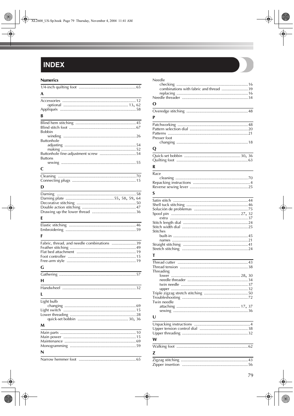 Index | Brother XL 2600i User Manual | Page 80 / 82