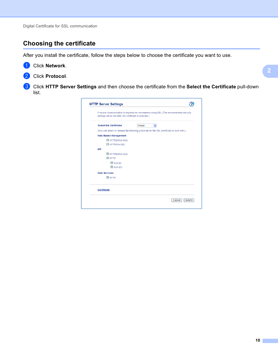 Choosing the certificate, 2choosing the certificate | Brother DCP-8155DN User Manual | Page 14 / 36