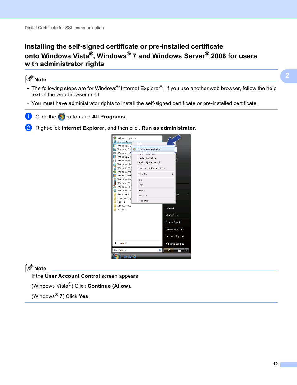 Onto windows vista, Windows, 7 and windows server | 2008 for users, With administrator rights, 2008 for users with administrator rights | Brother DCP-8155DN User Manual | Page 16 / 36