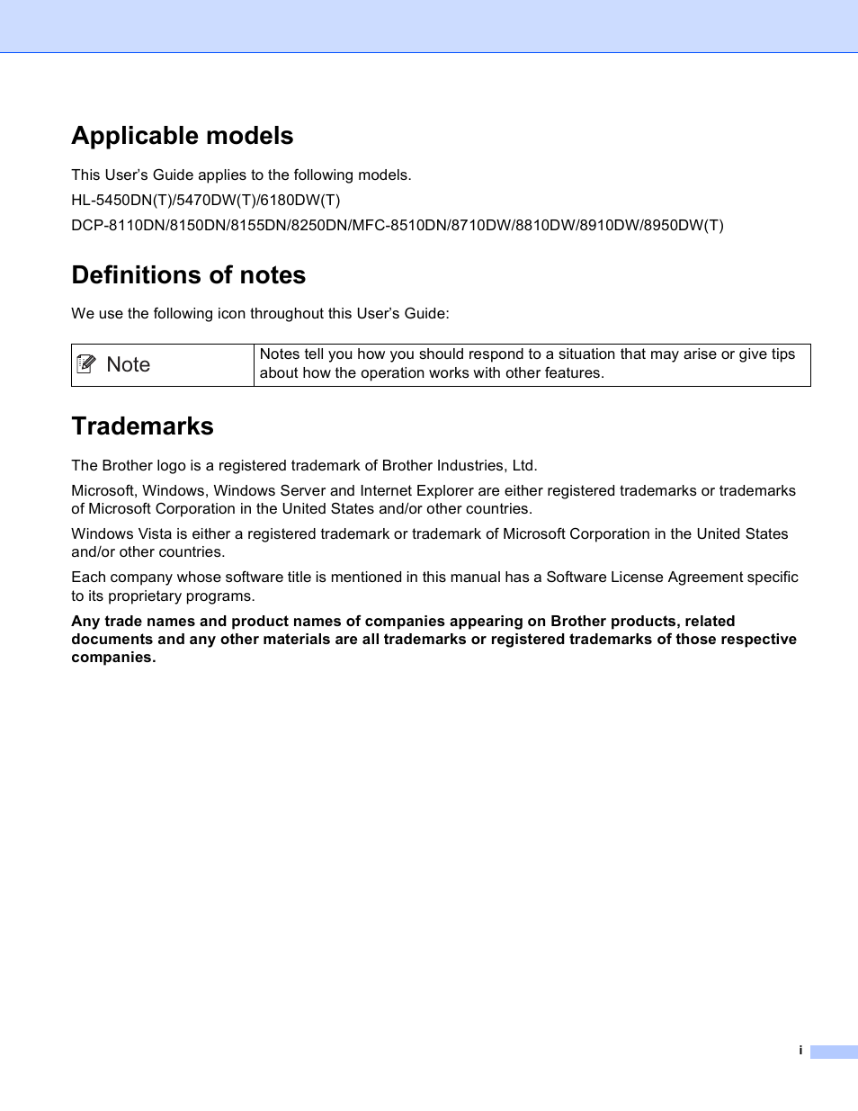 Applicable models, Definitions of notes, Trademarks | Brother DCP-8155DN User Manual | Page 2 / 36