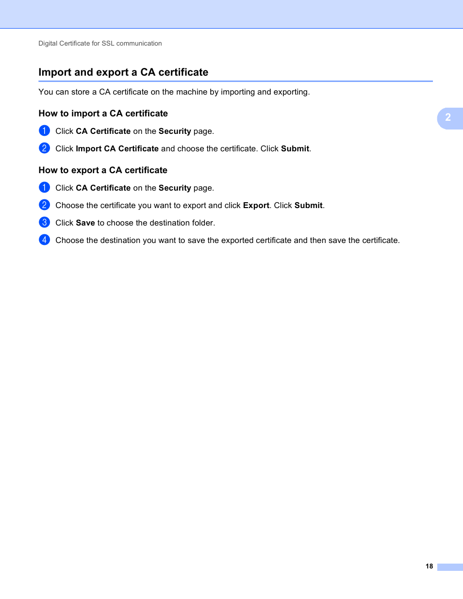 Import and export a ca certificate, How to import a ca certificate, How to export a ca certificate | 2import and export a ca certificate | Brother DCP-8155DN User Manual | Page 22 / 36