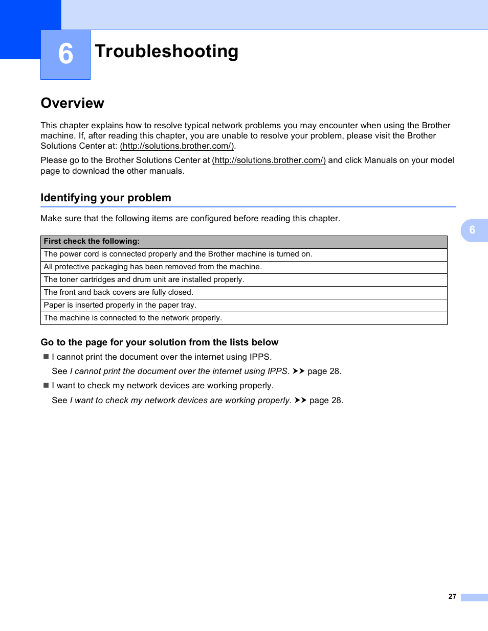 6 troubleshooting, Overview, Identifying your problem | Troubleshooting | Brother DCP-8155DN User Manual | Page 31 / 36