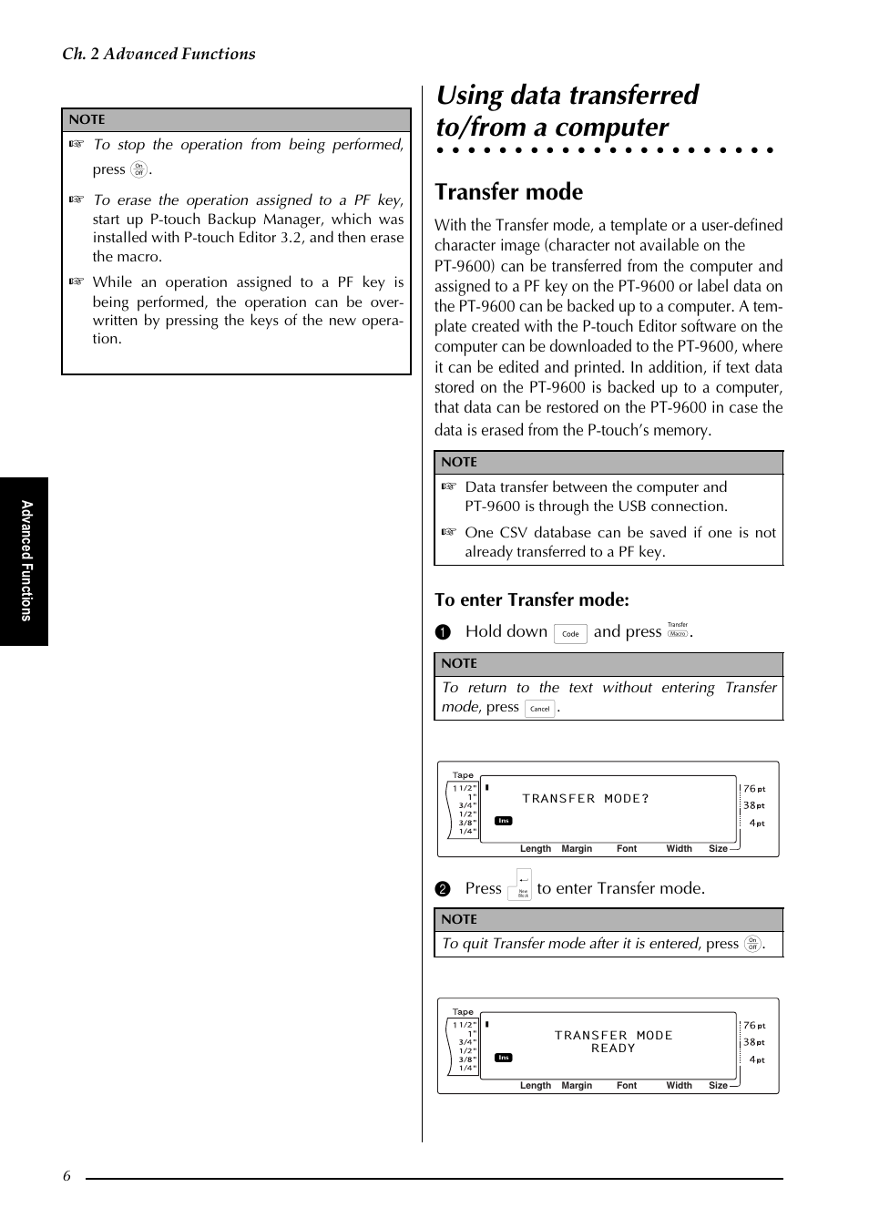 Using data transferred to/from a computer, 8vlqj gdwd wudqvihuuhg wriurp d frpsxwhu, Using data transferred | To/from a computer, Transfer mode, K  $gydqfhg )xqfwlrqv, G yd qf hg )x qf wlrqv | Brother PT-9600 User Manual | Page 11 / 52