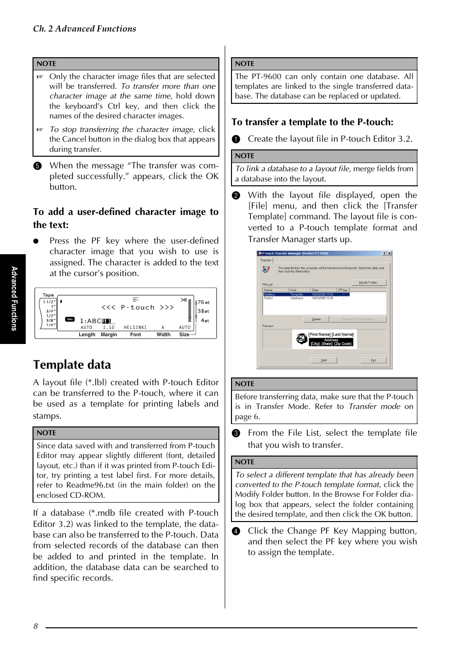 Template data, K  $gydqfhg )xqfwlrqv, G yd qf hg )x qf wlrqv | Brother PT-9600 User Manual | Page 13 / 52