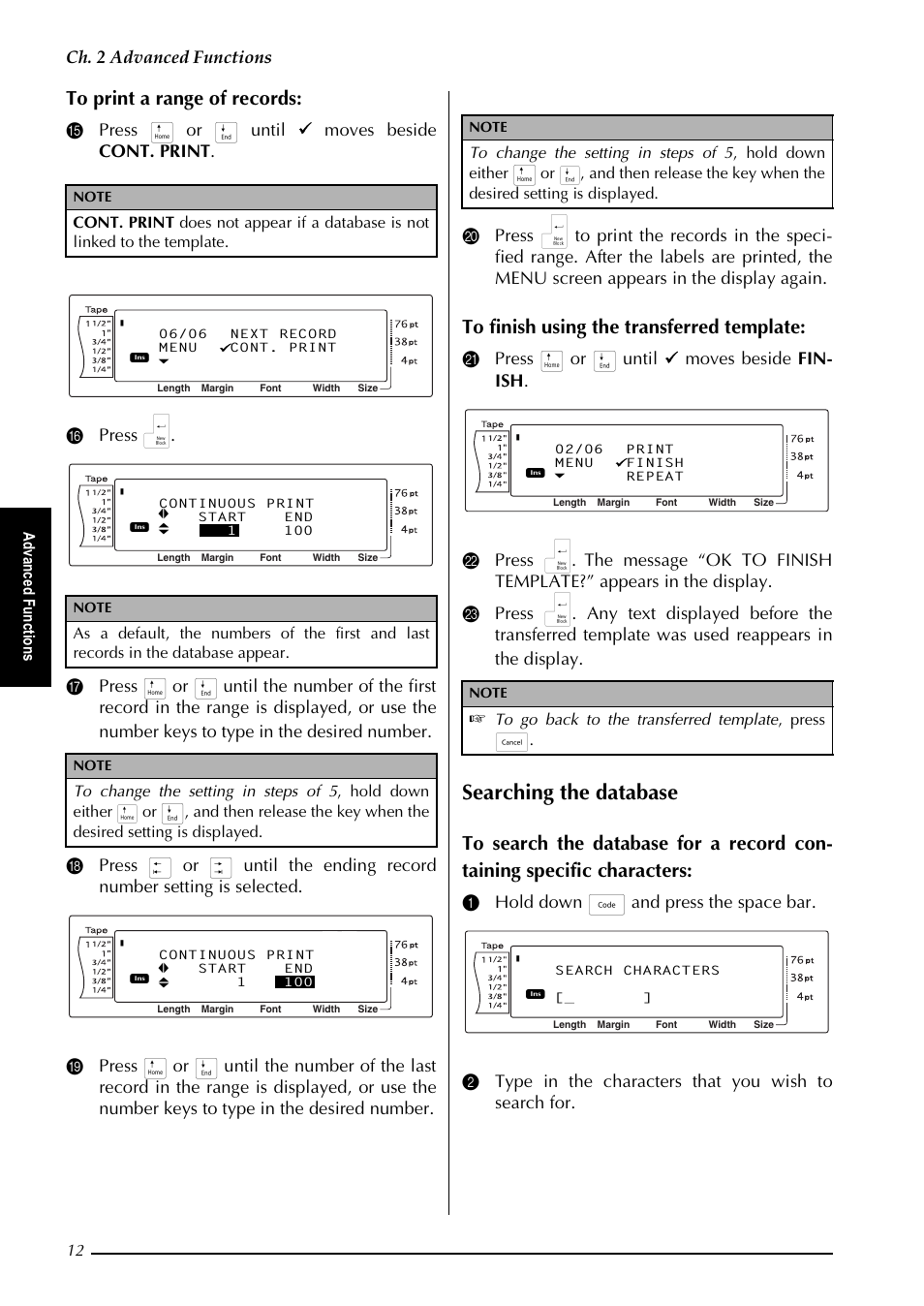 Searching the database, K  $gydqfhg )xqfwlrqv, G yd qf hg )x qf wlrqv | Brother PT-9600 User Manual | Page 17 / 52