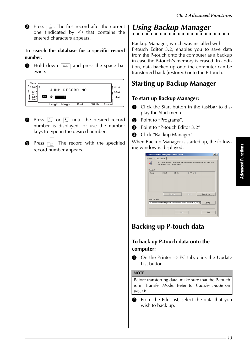 Using backup manager, 8vlqj %dfnxs 0dqdjhu, Starting up backup manager | Backing up p-touch data, K  $gydqfhg )xqfwlrqv | Brother PT-9600 User Manual | Page 18 / 52