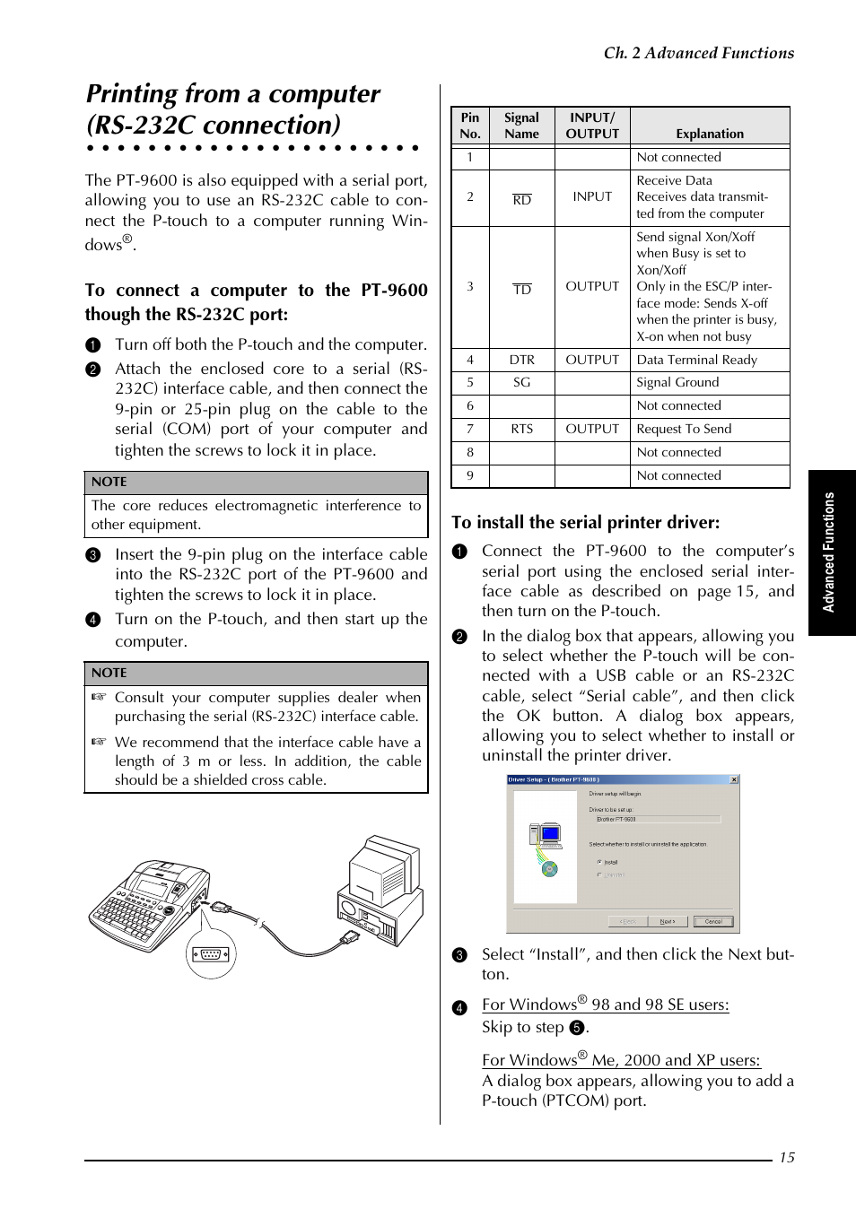 Printing from a computer (rs-232c connection), 3ulqwlqj iurp d frpsxwhu 56& frqqhfwlrq, Printing from a computer | Rs-232c connection) | Brother PT-9600 User Manual | Page 20 / 52