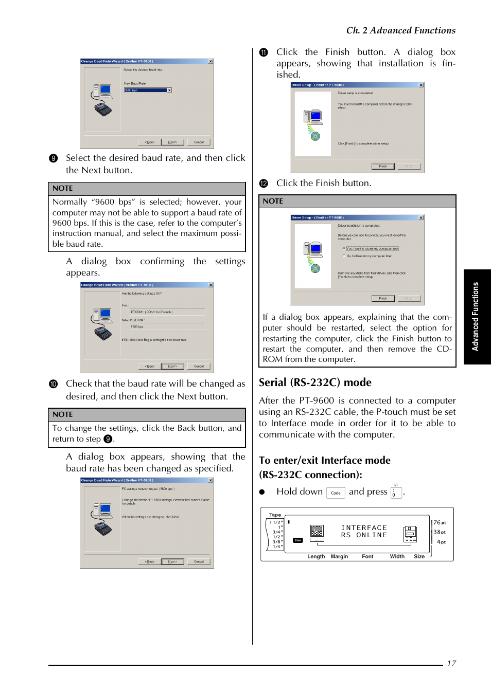 Serial (rs-232c) mode, K  $gydqfhg )xqfwlrqv, Hold down d and press 0 | G ydq fhg )x qf wlr qv | Brother PT-9600 User Manual | Page 22 / 52