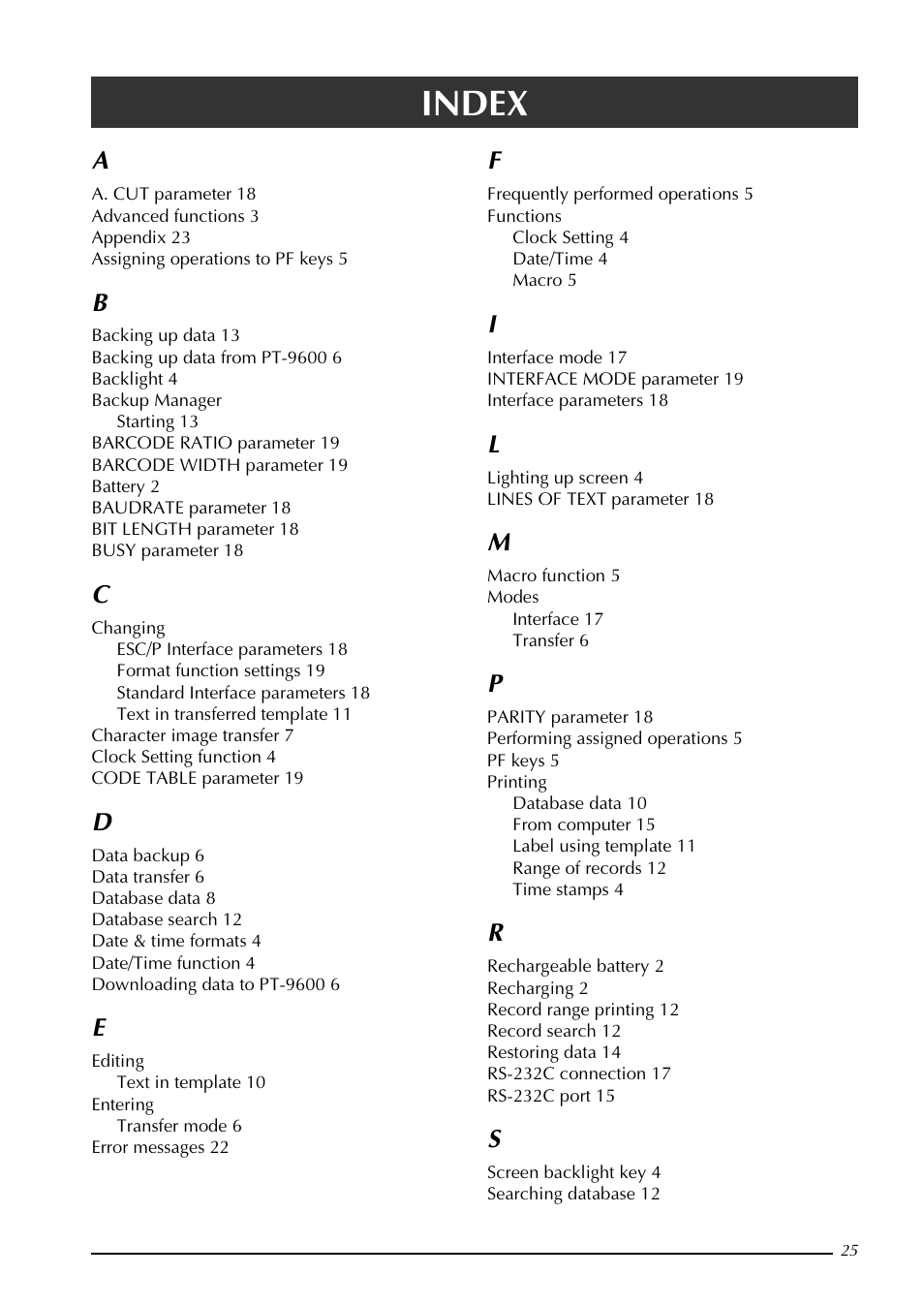 Index | Brother PT-9600 User Manual | Page 30 / 52