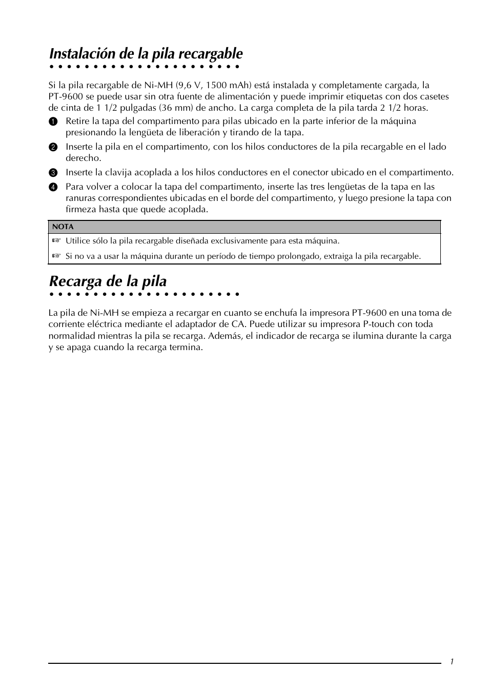 Instalación de la pila recargable, Recarga de la pila, Qvwdodflyq gh od slod uhfdujdeoh | 5hfdujd gh od slod | Brother PT-9600 User Manual | Page 34 / 52