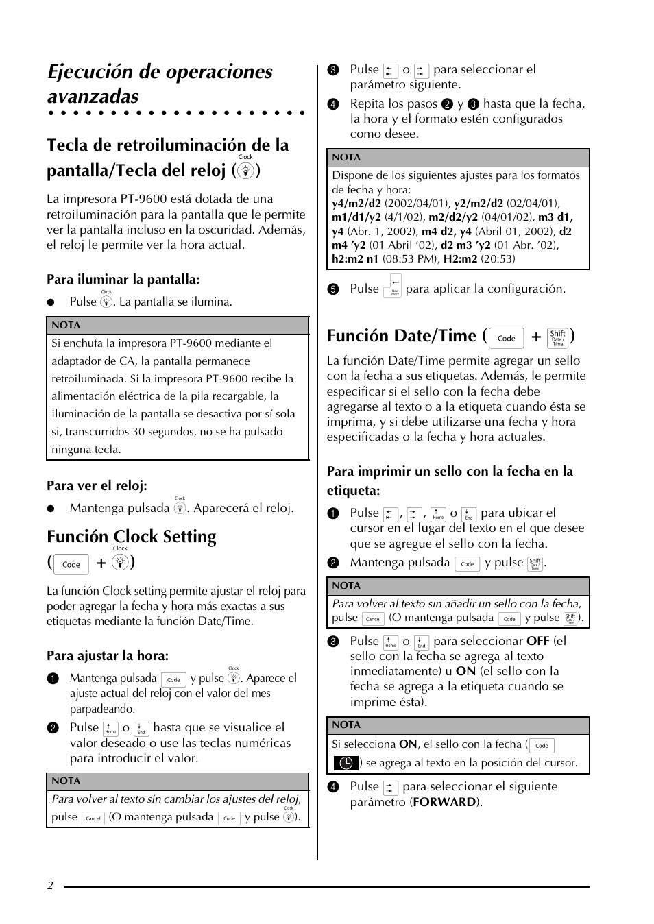 Ejecución de operaciones avanzadas, Mhfxflyq gh rshudflrqhv dydq]dgdv, Ejecución de operaciones | Avanzadas, Función clock setting ( d + ) ), Función date/time ( d + t ) | Brother PT-9600 User Manual | Page 35 / 52