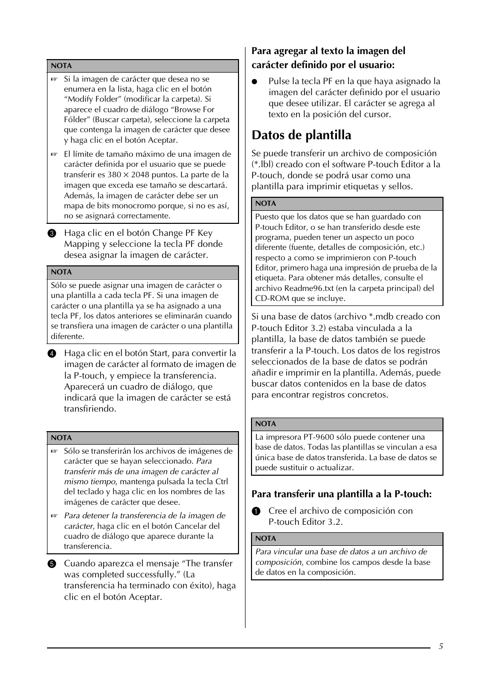 Datos de plantilla, Para transferir una plantilla a la p-touch | Brother PT-9600 User Manual | Page 38 / 52