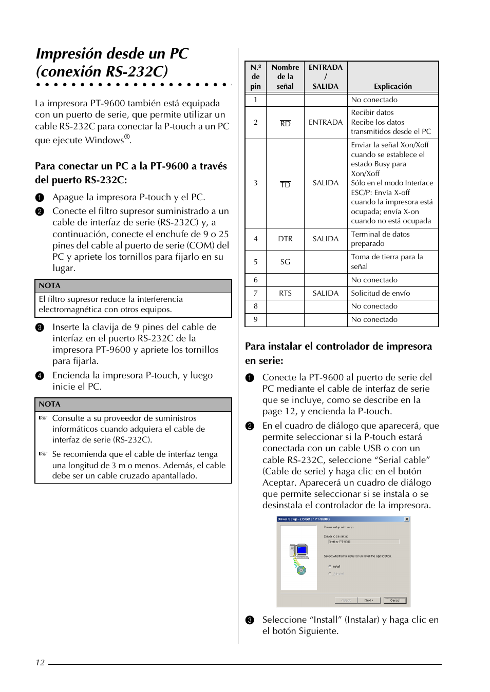 Impresión desde un pc (conexión rs-232c), Psuhvlyq ghvgh xq 3& frqh[lyq 56, Impresión desde un pc | Conexión rs-232c), Para instalar el controlador de impresora en serie | Brother PT-9600 User Manual | Page 45 / 52