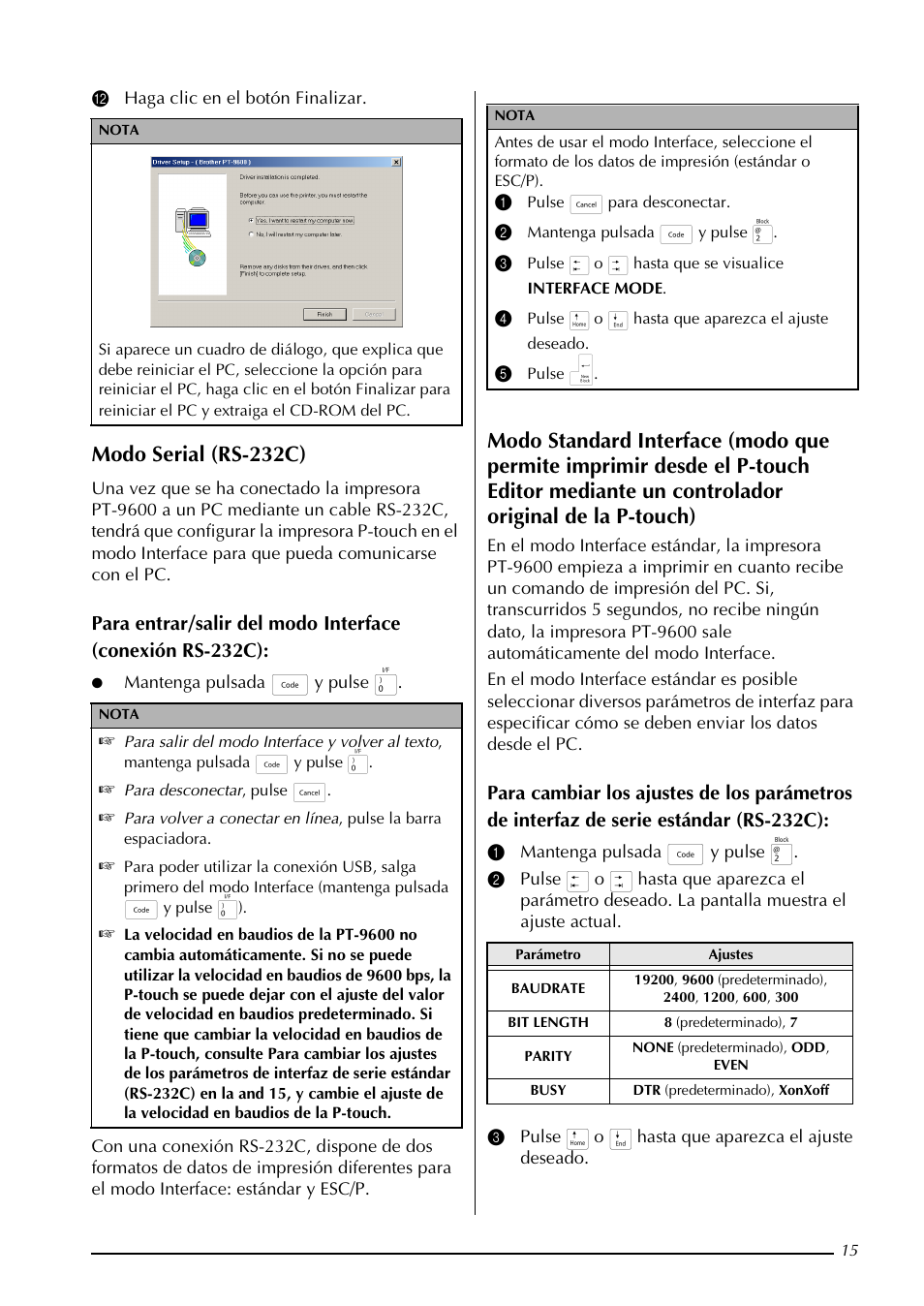 Modo serial (rs-232c) | Brother PT-9600 User Manual | Page 48 / 52