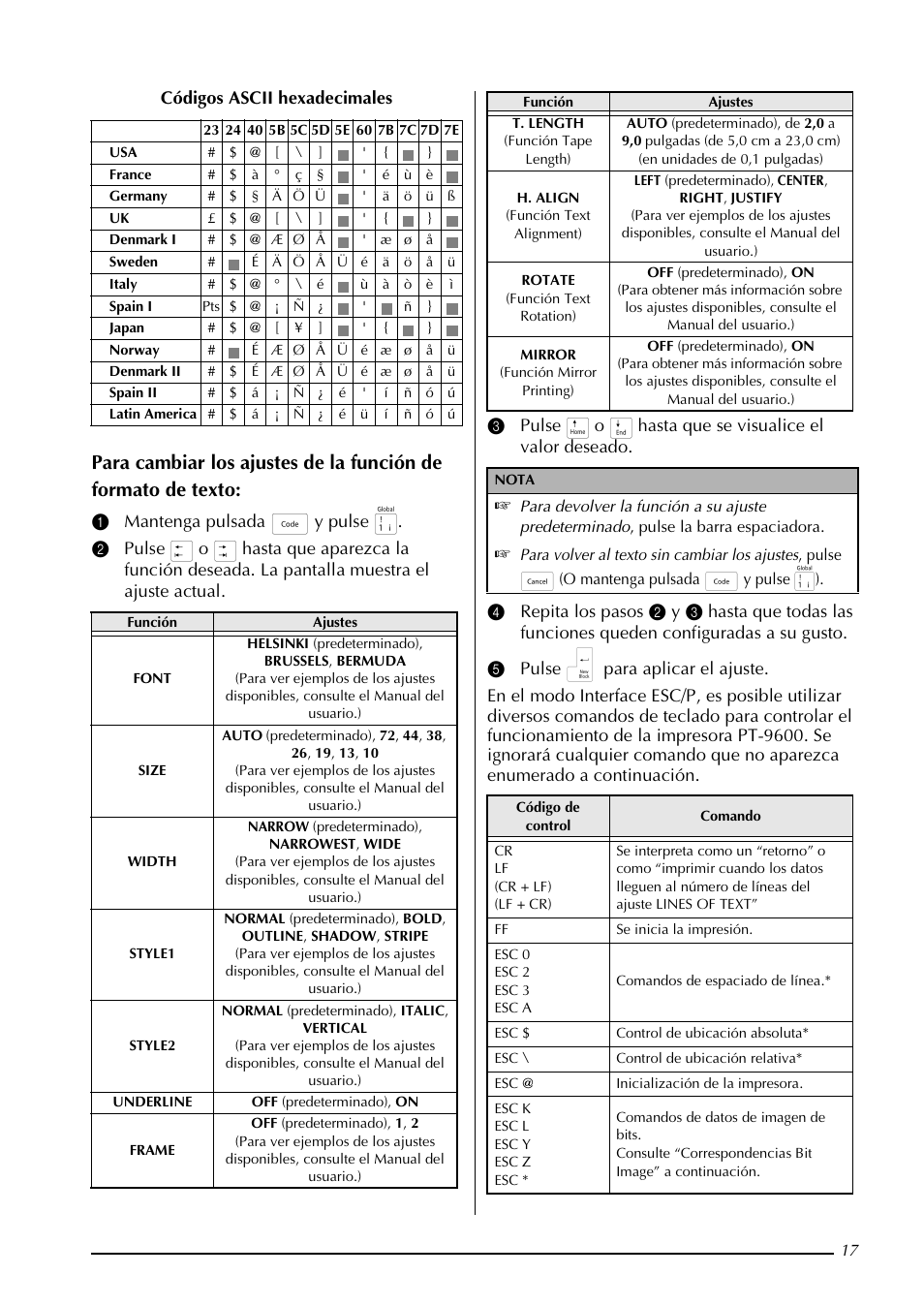 Códigos ascii hexadecimales | Brother PT-9600 User Manual | Page 50 / 52