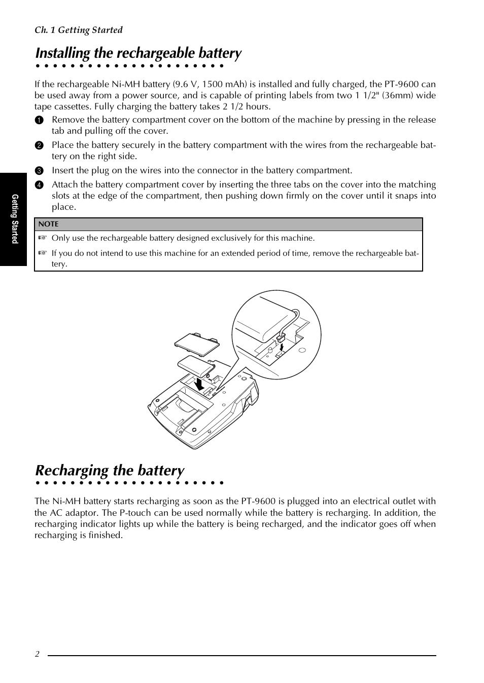 Installing the rechargeable battery, Recharging the battery, Qvwdoolqj wkh uhfkdujhdeoh edwwhu | 5hfkdujlqj wkh edwwhu | Brother PT-9600 User Manual | Page 7 / 52