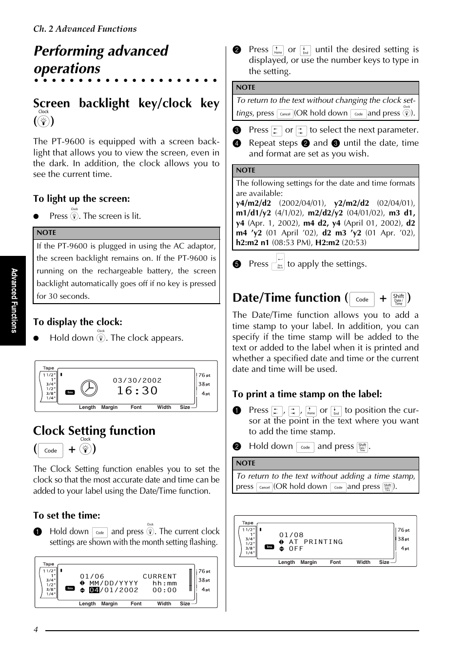 Performing advanced operations, 3huiruplqj dgydqfhg rshudwlrqv, Performing advanced | Operations, Screen backlight key/clock key ( ) ), Clock setting function ( d + ) ), Date/time function ( d + t ), Ch. 2 advanced functions, Press ). the screen is lit, Hold down ). the clock appears | Brother PT-9600 User Manual | Page 9 / 52