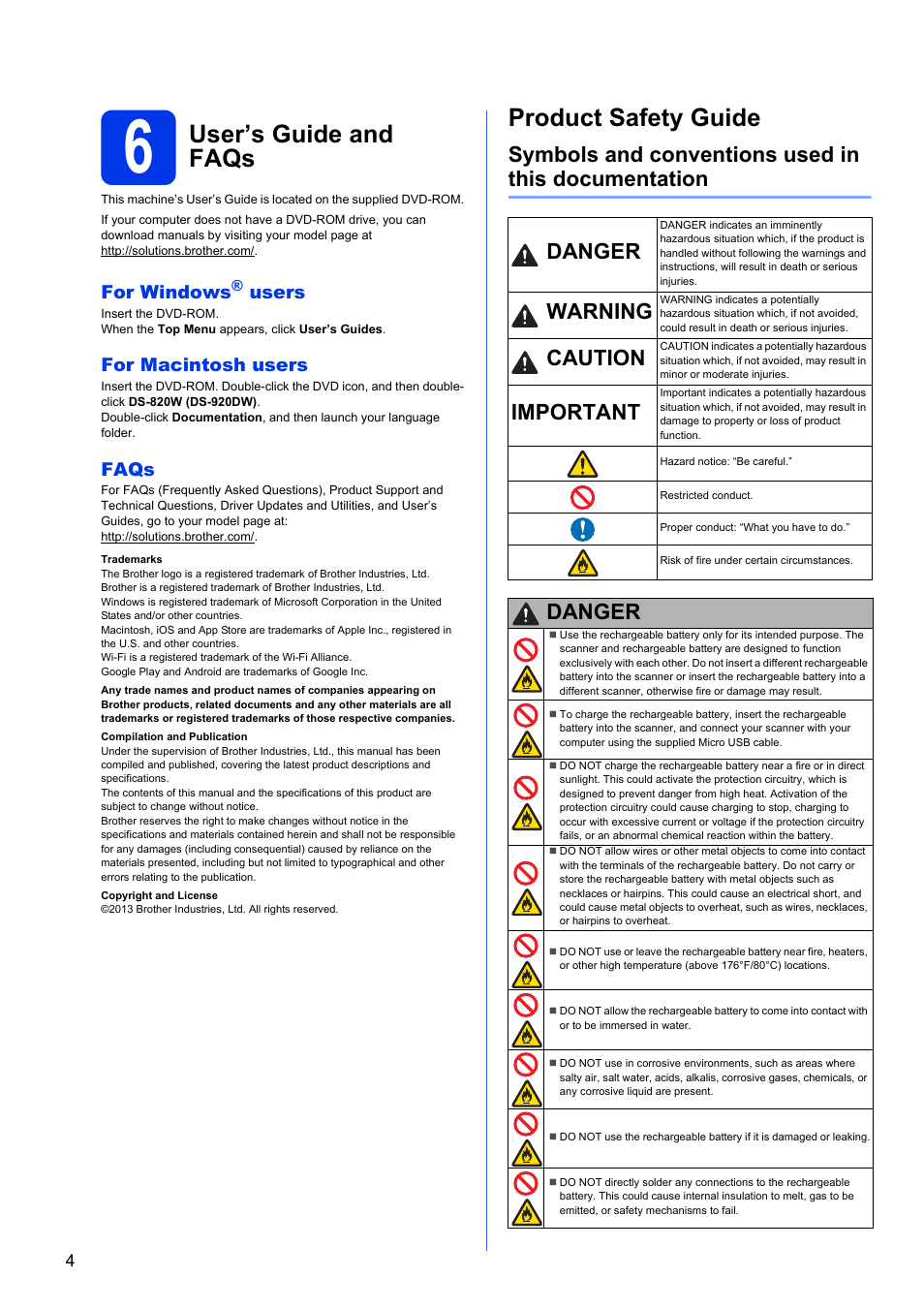 6 user’s guide and faqs, Product safety guide, Symbols and conventions used in this documentation | User’s guide and faqs, Warning, Caution, Important, Danger, For windows, Users | Brother DS-820W User Manual | Page 4 / 6