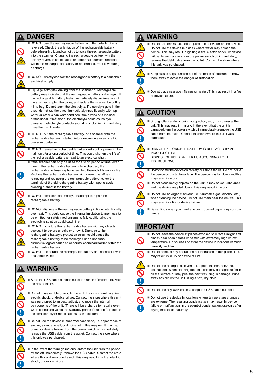 Warning, Danger, Caution | Important | Brother DS-820W User Manual | Page 5 / 6