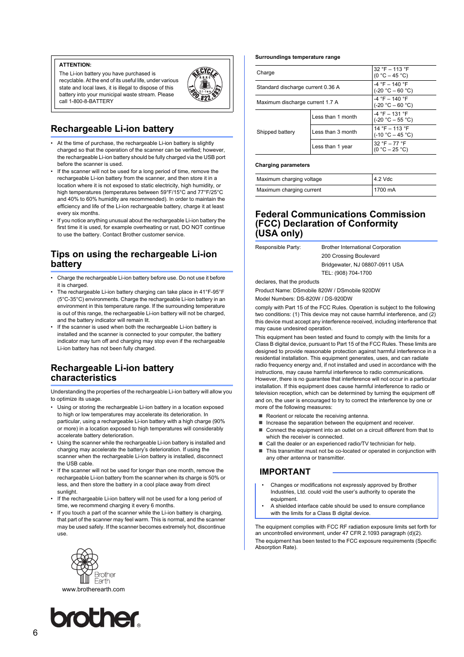 Rechargeable li-ion battery, Tips on using the rechargeable li-ion battery, Rechargeable li-ion battery characteristics | Important | Brother DS-820W User Manual | Page 6 / 6