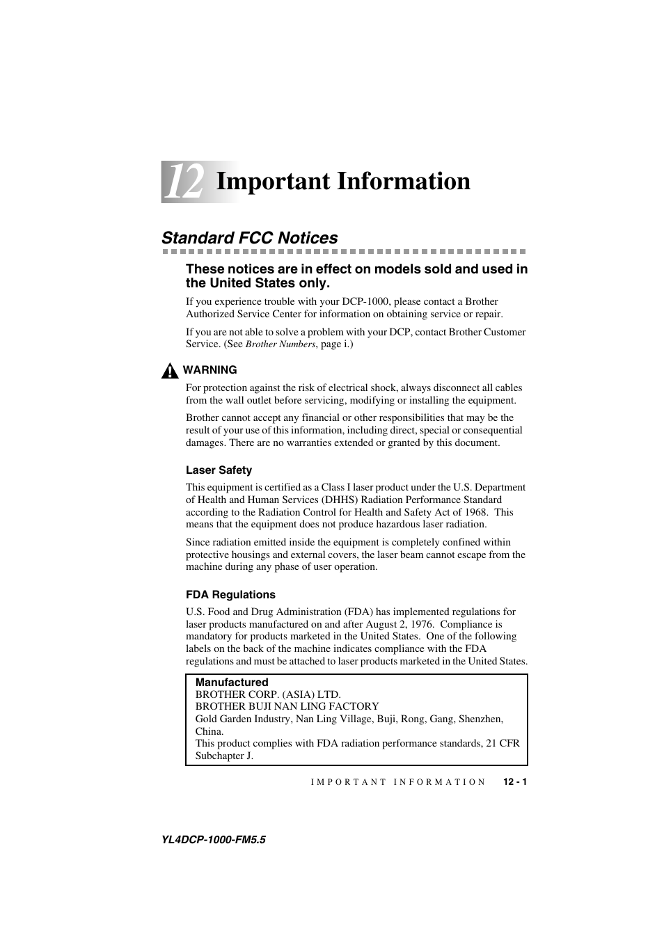 Important information, 12 important information, Standard fcc notices | Laser safety, Fda regulations, Important information -1, Standard fcc notices -1, Laser safety -1 fda regulations -1 | Brother DCP 1000 User Manual | Page 101 / 139
