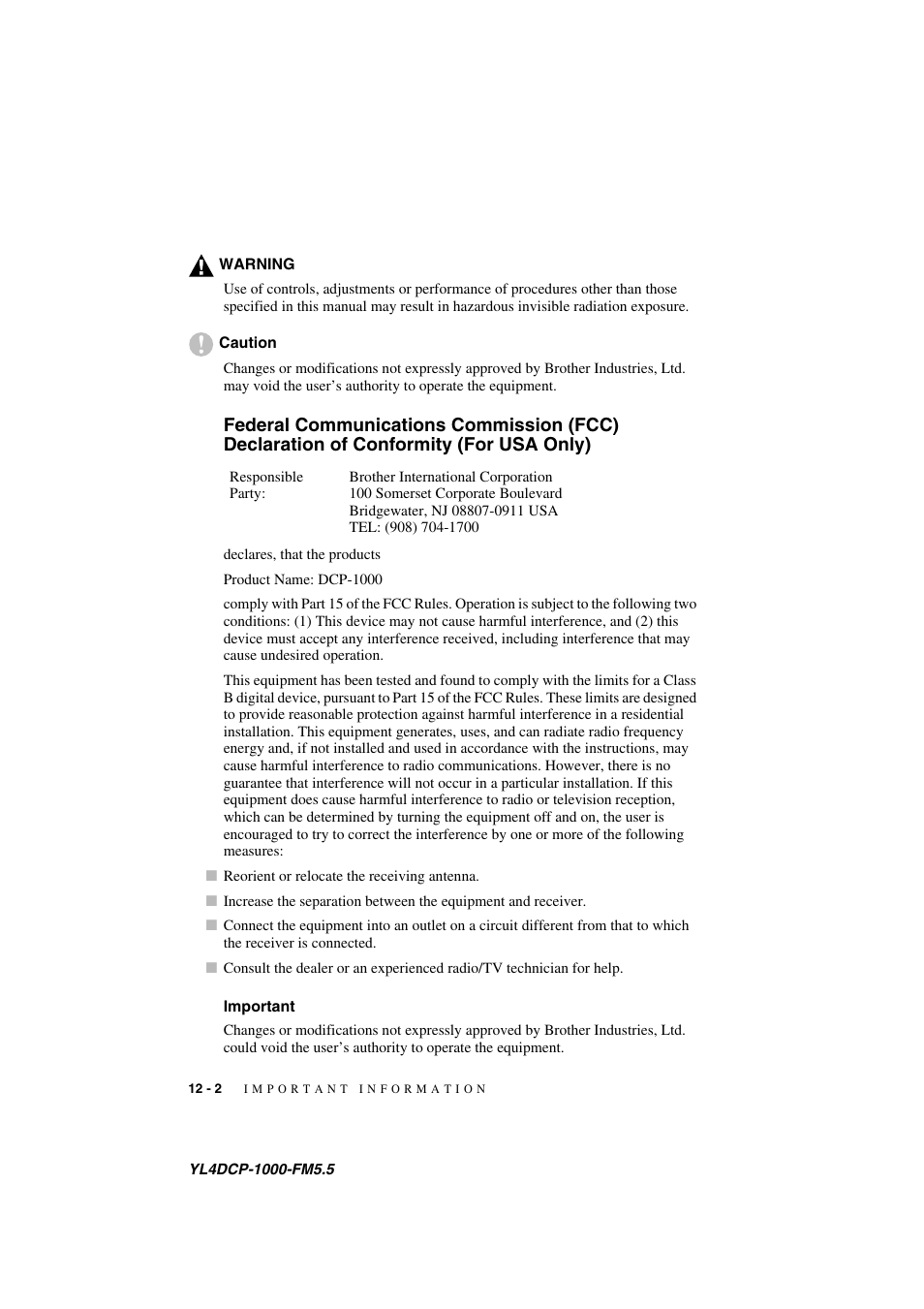 Important, Federal communications commission (fcc) | Brother DCP 1000 User Manual | Page 102 / 139