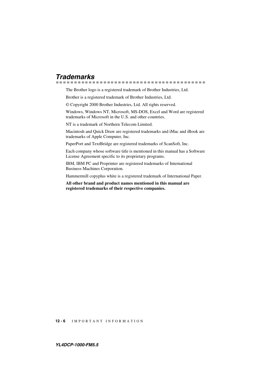 Trademarks, Trademarks -6 | Brother DCP 1000 User Manual | Page 106 / 139