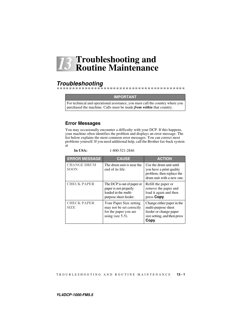 13troubleshooting and routine maintenance, Troubleshooting, Error messages | Troubleshooting and routine maintenance -1, Troubleshooting -1, Error messages -1, Troubleshooting and routine maintenance | Brother DCP 1000 User Manual | Page 107 / 139