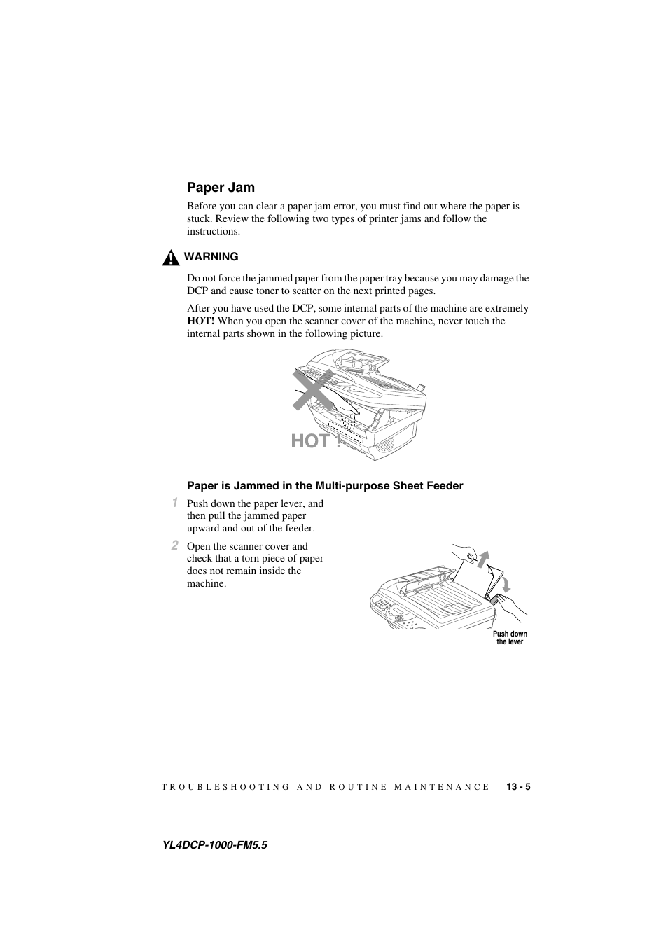 Paper jam, Paper is jammed in the multi-purpose sheet feeder, Paper jam -5 | To 13-5 | Brother DCP 1000 User Manual | Page 111 / 139