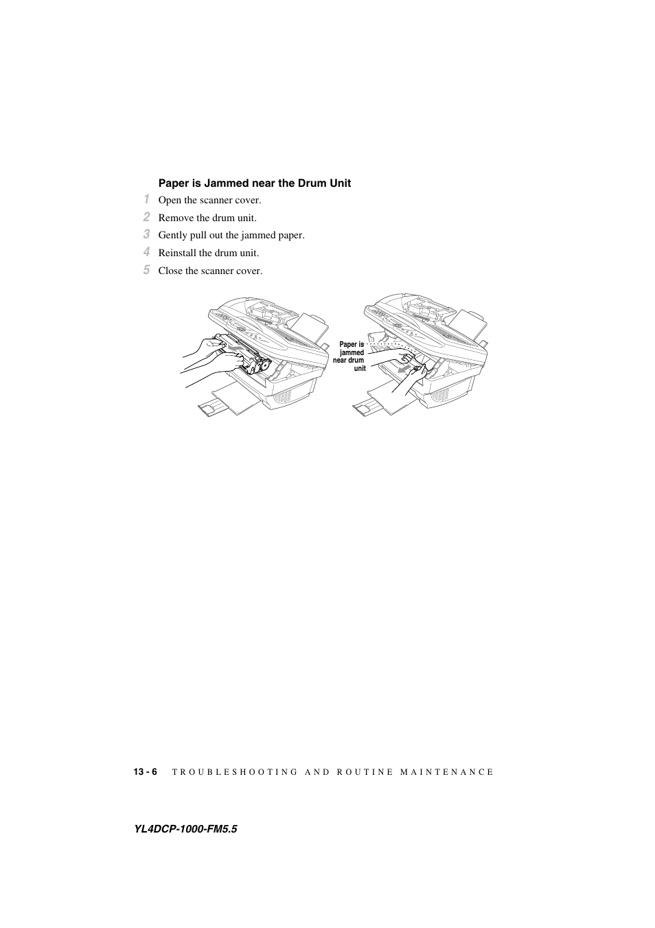 Paper is jammed near the drum unit, Paper is jammed near the drum unit -6 | Brother DCP 1000 User Manual | Page 112 / 139