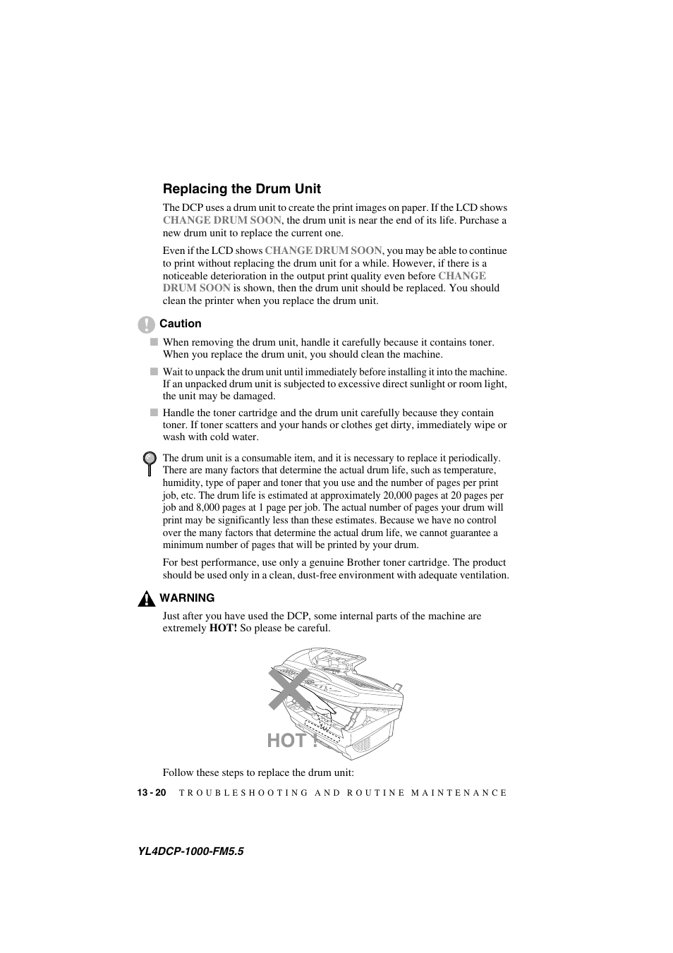 Replacing the drum unit, Replacing the drum unit -20 | Brother DCP 1000 User Manual | Page 126 / 139