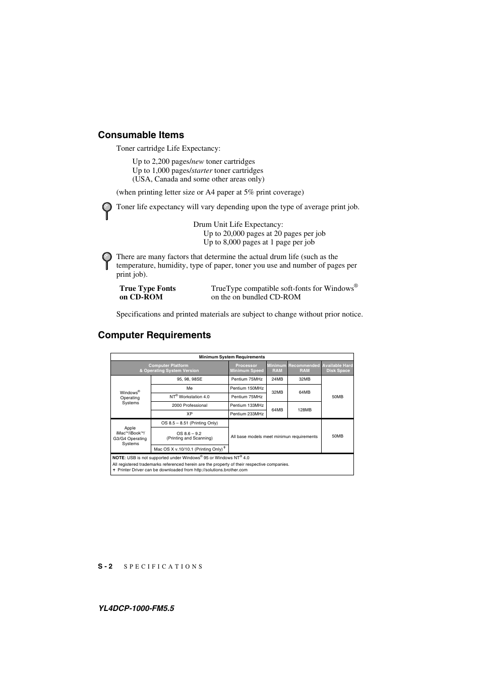 Consumable items, Computer requirements, On the on bundled cd-rom | S - 2 | Brother DCP 1000 User Manual | Page 132 / 139