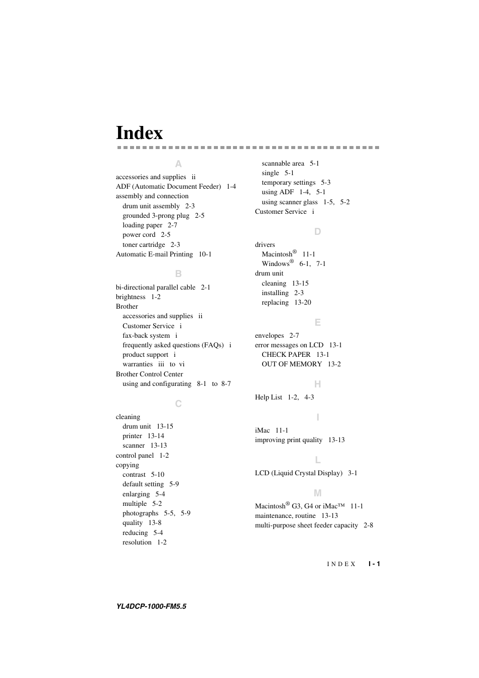 Index | Brother DCP 1000 User Manual | Page 135 / 139