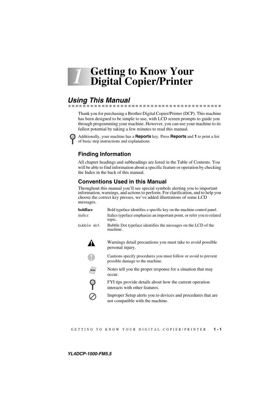 1getting to know your digital copier/printer, Using this manual, Finding information | Conventions used in this manual, Getting to know your digital copier/printer -1, Using this manual -1, Getting to know your digital copier/printer | Brother DCP 1000 User Manual | Page 17 / 139