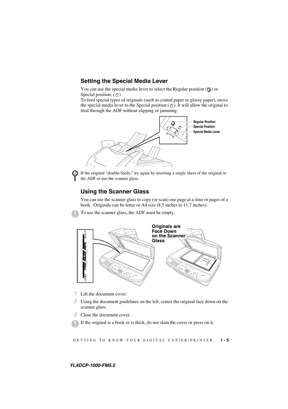 Setting the special media lever, Using the scanner glass | Brother DCP 1000 User Manual | Page 21 / 139