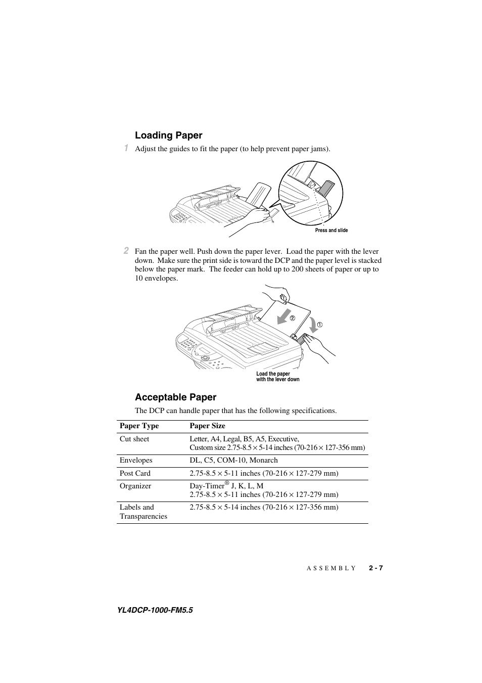 Loading paper, Acceptable paper, Loading paper -7 acceptable paper -7 | Loading paper 1 | Brother DCP 1000 User Manual | Page 29 / 139