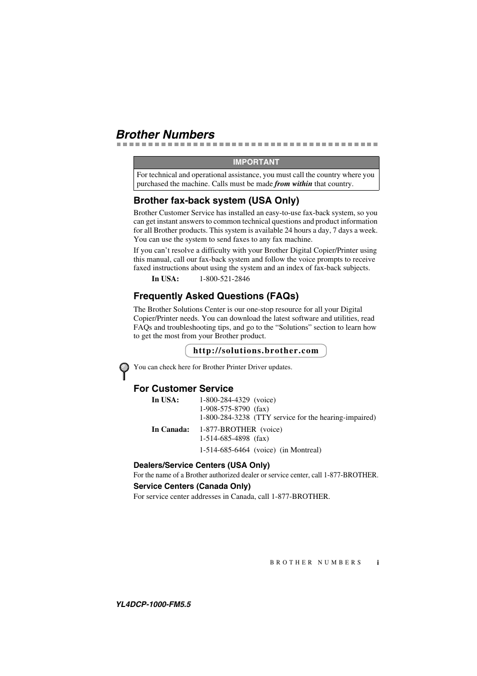 Brother numbers, Brother fax-back system (usa only), Frequently asked questions (faqs) | For customer service, Dealers/service centers (usa only), Service centers (canada only) | Brother DCP 1000 User Manual | Page 3 / 139