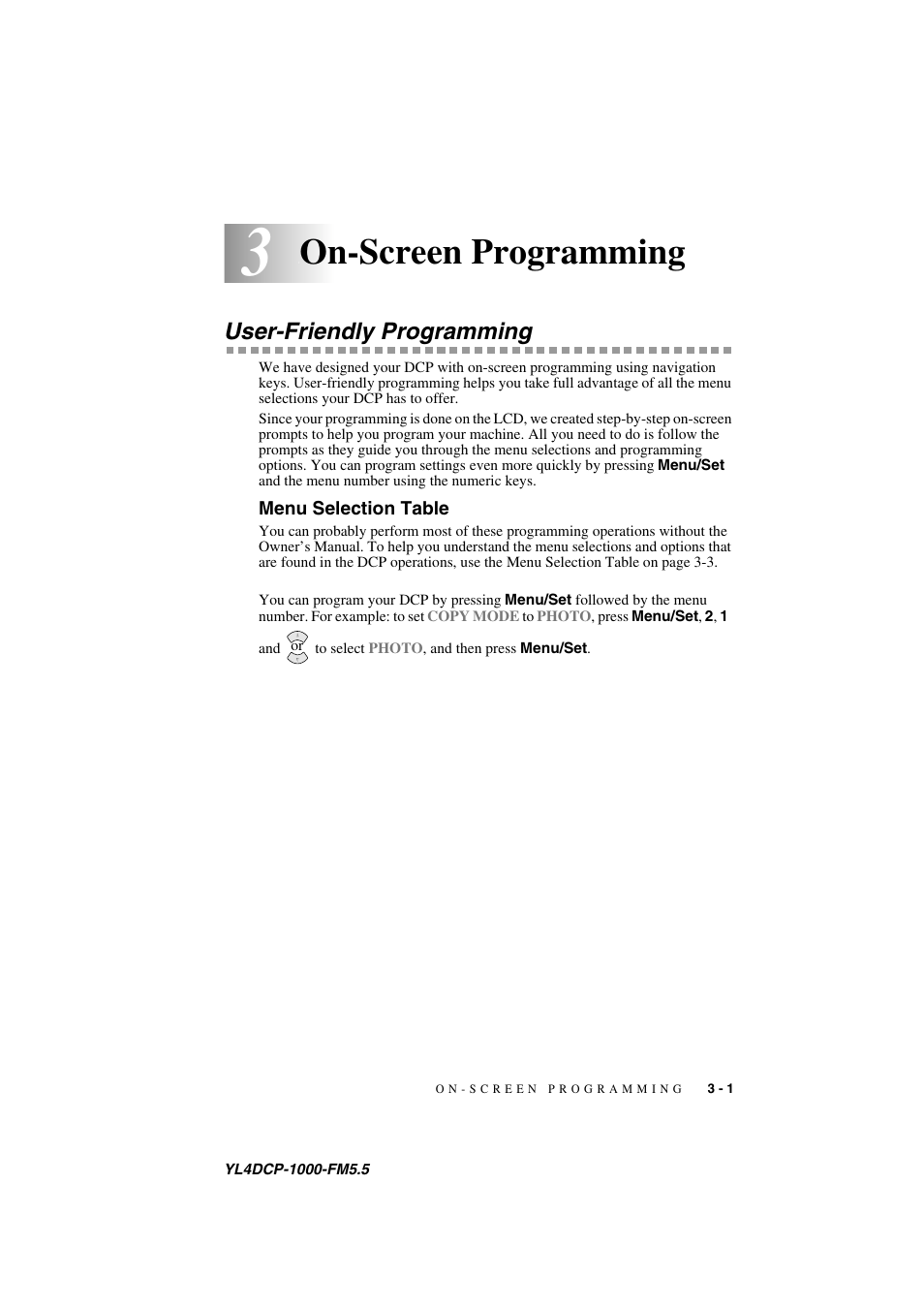 3on-screen programming, User-friendly programming, Menu selection table | On-screen programming -1, User-friendly programming -1, Menu selection table -1, On-screen programming | Brother DCP 1000 User Manual | Page 31 / 139