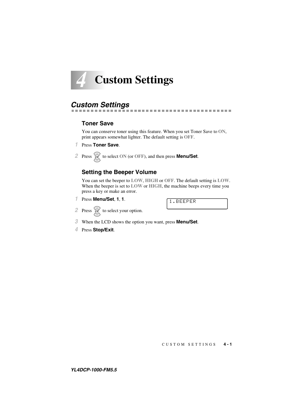 4custom settings, Custom settings, Toner save | Setting the beeper volume, Custom settings -1, Toner save -1 setting the beeper volume -1 | Brother DCP 1000 User Manual | Page 35 / 139